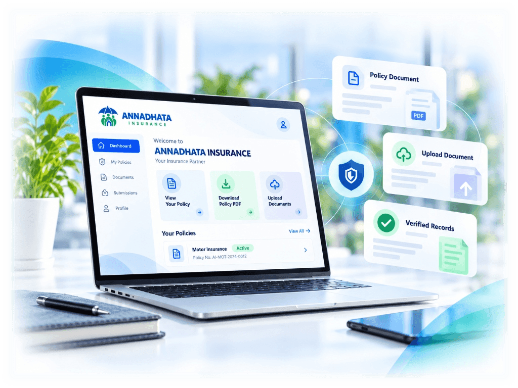 ANNADHATA INSURANCE Customer Portal Dashboard on Laptop with Policy Documents